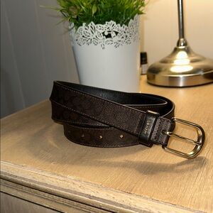 Coach Dark Brown Signature Logo Belt with Gold Buckle